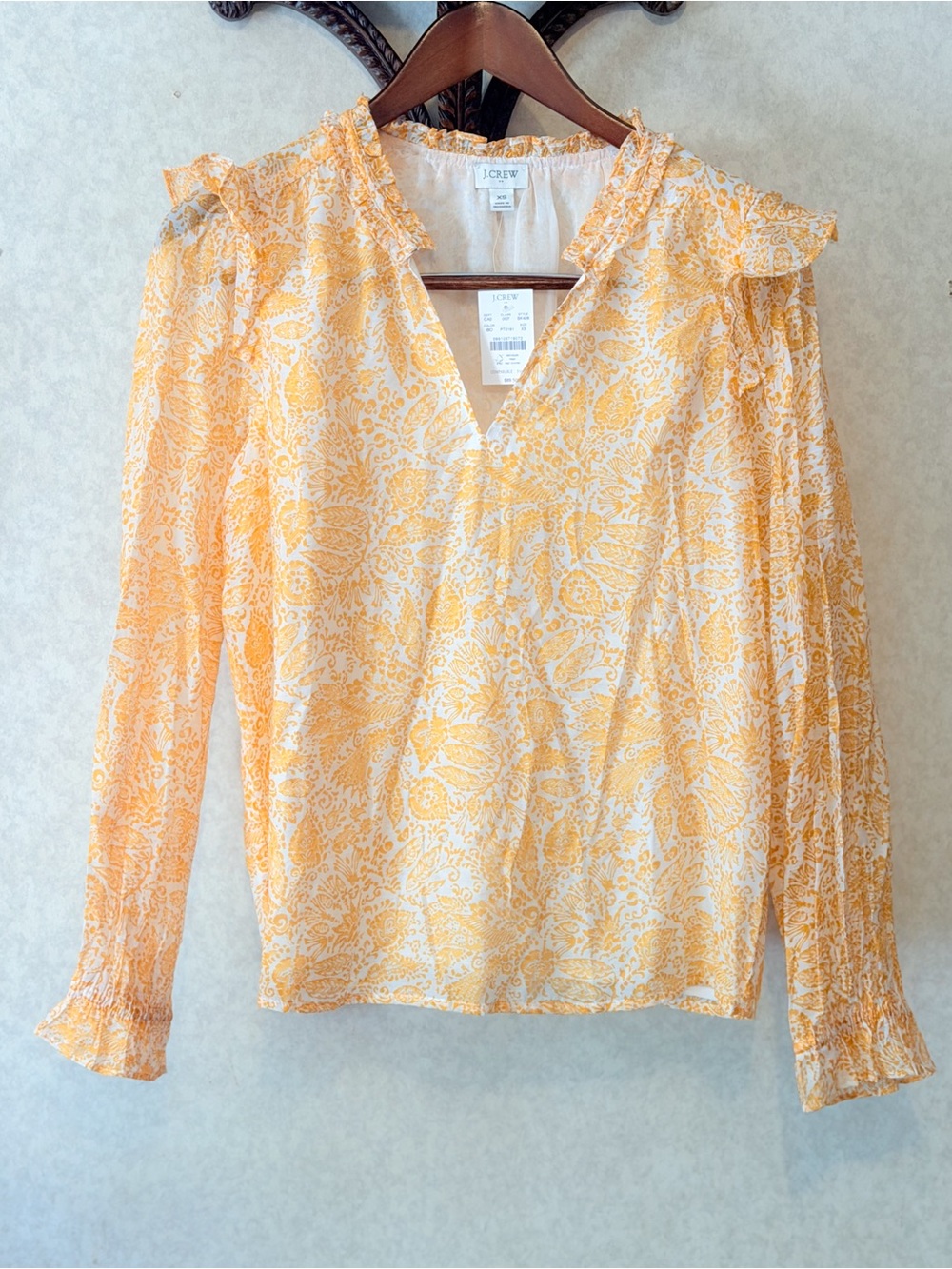 J.Crew Yellow Floral Paisley Blouse Ruffle Neck Long Sleeve V Neck Top Feminine - Picture 2 of 7